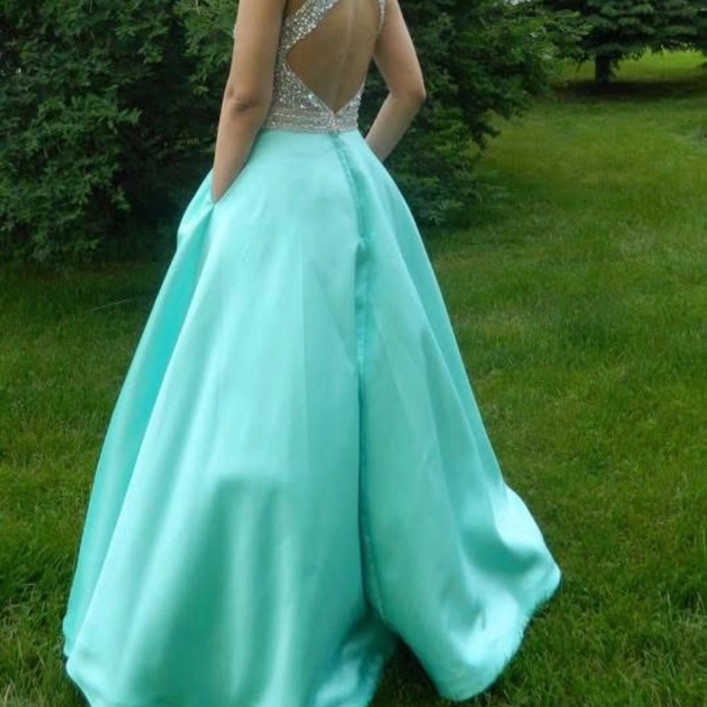 Mori Lee Blue Cut Out Backless Halter Prom Gown
